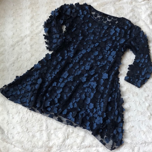 NWOT Navy Sheer Textured Flower Shift Dress, Small - Picture 3 of 15